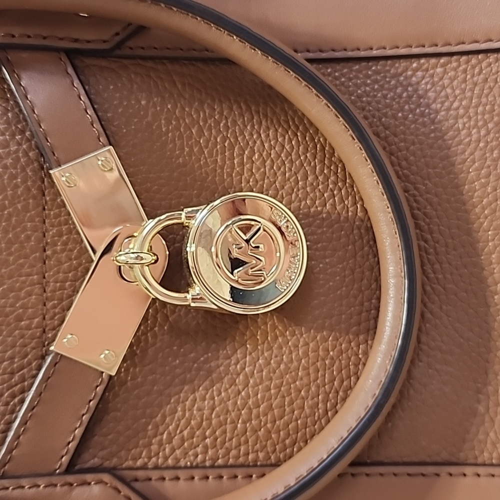 Michael Kors Nouveau Hamilton Studded Leather Satchel Bag in Luggage - Picture 4 of 6
